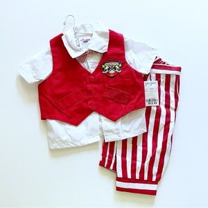NEW Vintage Cradle Togs Baby Boy Red Vest Bowtie Striped Pants 0-6 Months